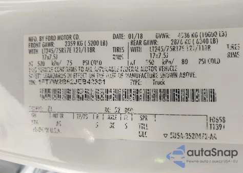 2018 Ford F250 Super Duty z USA, uszkodzony, nr VIN 1FT7W2B62JEB42381